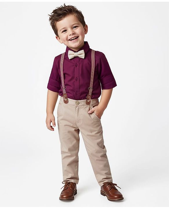 Babyhug Cotton Woven Full Sleeves Solid Party Shirt & Trouser Set With Bow & Suspender - Maroon