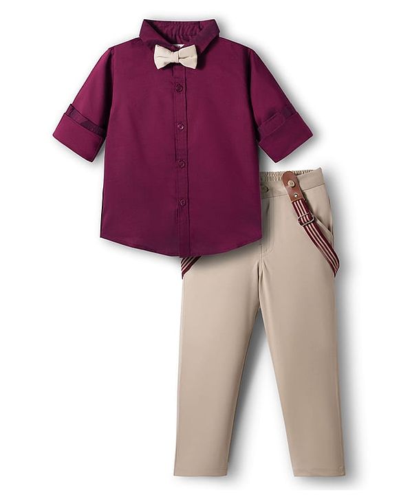 Babyhug Cotton Woven Full Sleeves Solid Party Shirt & Trouser Set With Bow & Suspender - Maroon