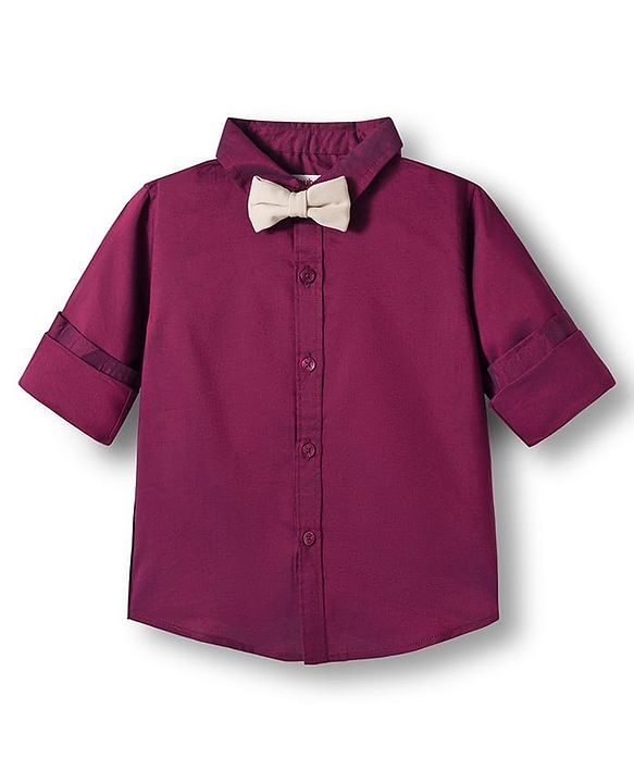 Babyhug Cotton Woven Full Sleeves Solid Party Shirt & Trouser Set With Bow & Suspender - Maroon