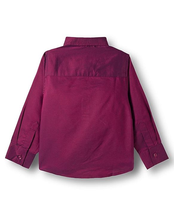 Babyhug Cotton Woven Full Sleeves Solid Party Shirt & Trouser Set With Bow & Suspender - Maroon
