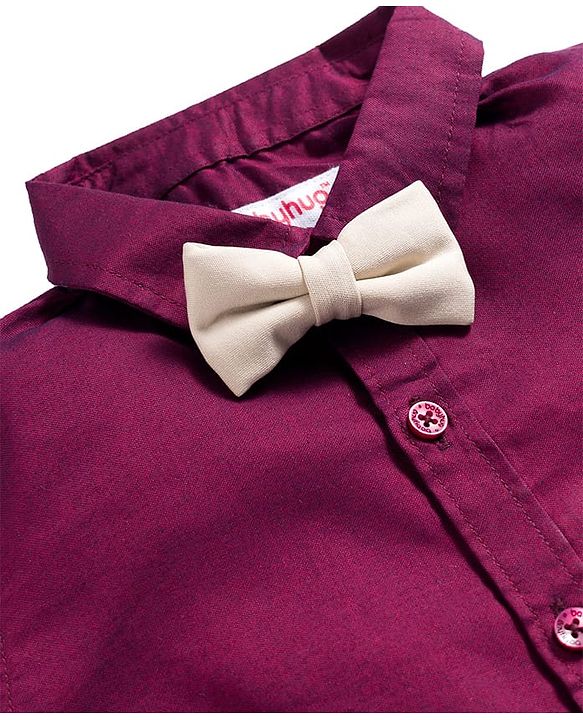Babyhug Cotton Woven Full Sleeves Solid Party Shirt & Trouser Set With Bow & Suspender - Maroon