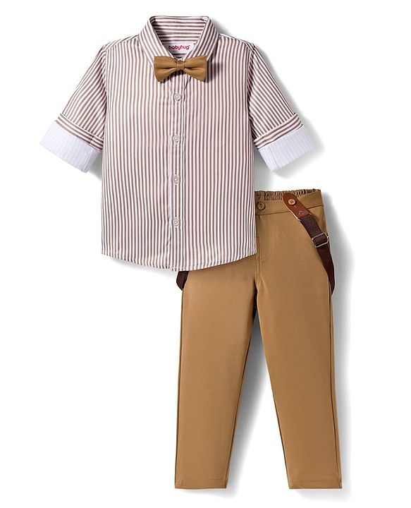 Babyhug Woven Full Sleeves Striped Party Shirt & Trouser Set With Bow & Suspender - Brown