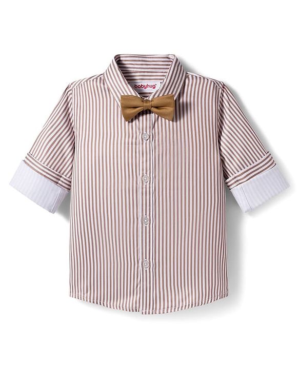 Babyhug Woven Full Sleeves Striped Party Shirt & Trouser Set With Bow & Suspender - Brown