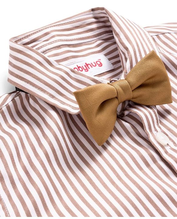 Babyhug Woven Full Sleeves Striped Party Shirt & Trouser Set With Bow & Suspender - Brown