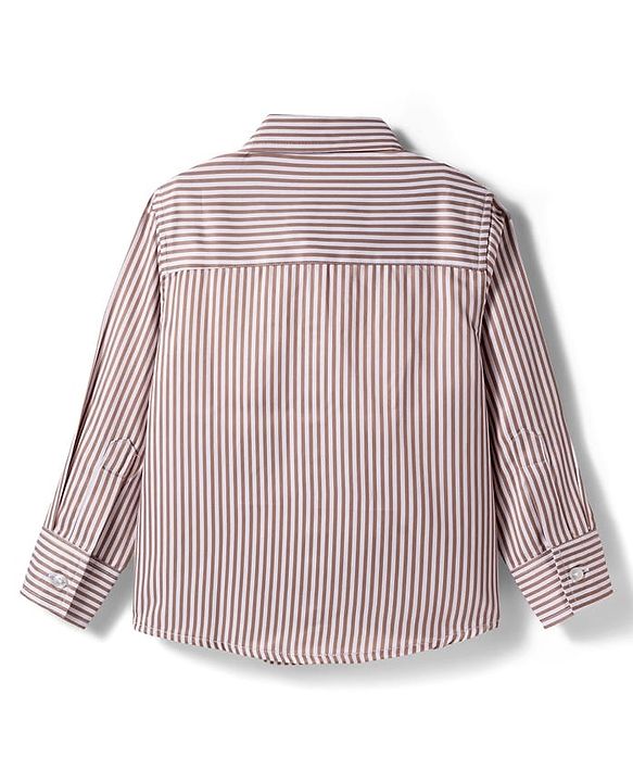 Babyhug Woven Full Sleeves Striped Party Shirt & Trouser Set With Bow & Suspender - Brown