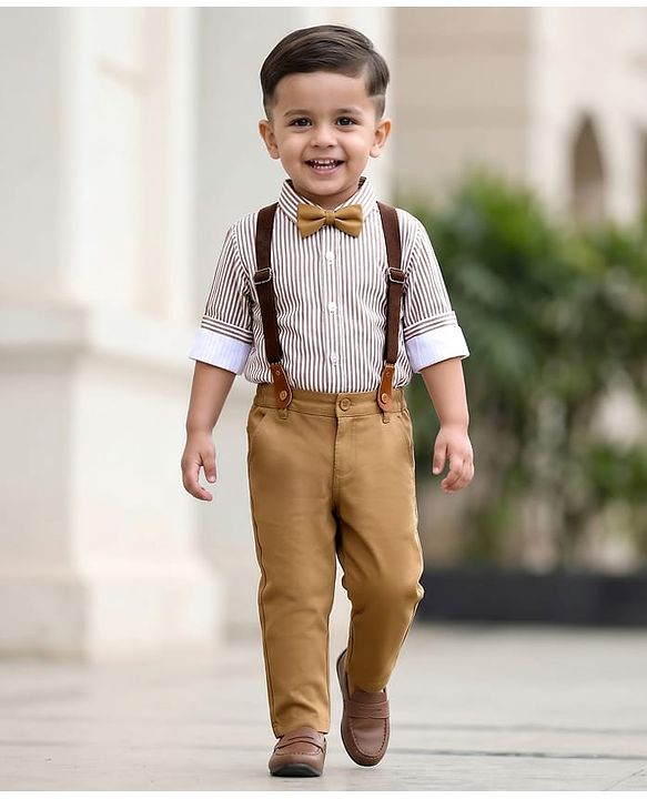 Babyhug Woven Full Sleeves Striped Party Shirt & Trouser Set With Bow & Suspender - Brown