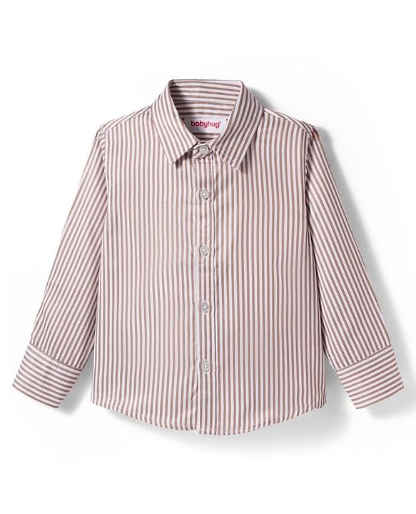 Babyhug Woven Full Sleeves Striped Party Shirt & Trouser Set With Bow & Suspender - Brown