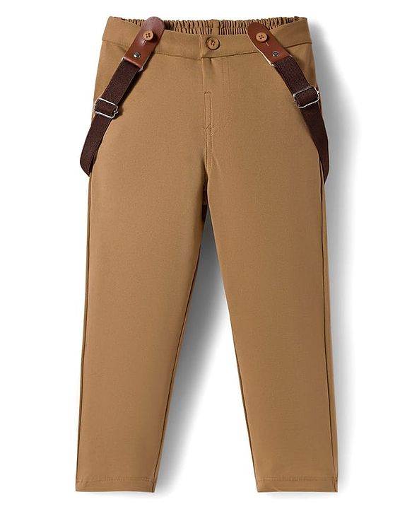 Babyhug Woven Full Sleeves Striped Party Shirt & Trouser Set With Bow & Suspender - Brown