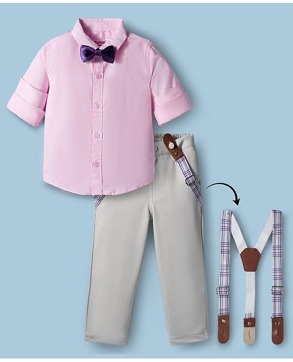 Babyhug Cotton Poplin Full Sleeves Solid Color Shirt & Stretchable Trouser with Bow & Suspender - Pink & Grey