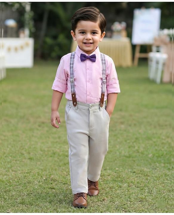 Babyhug Cotton Poplin Full Sleeves Solid Color Shirt & Stretchable Trouser with Bow & Suspender - Pink & Grey