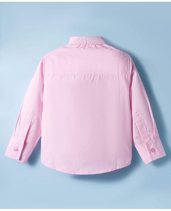 Babyhug Cotton Poplin Full Sleeves Solid Color Shirt & Stretchable Trouser with Bow & Suspender - Pink & Grey