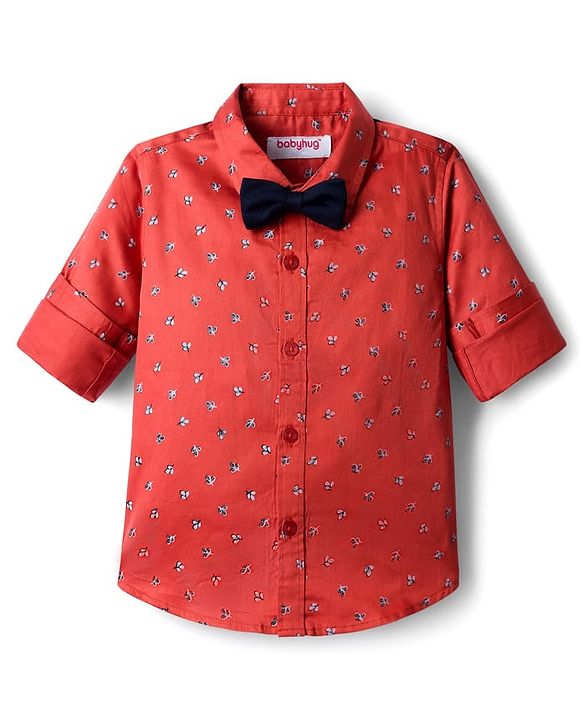 Babyhug Cotton Woven Full Sleeves Floral Printed Party Shirt & Trouser Set With Bow & Suspender - Brown & Navy