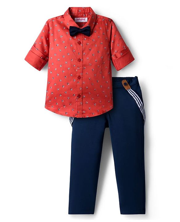 Babyhug Cotton Woven Full Sleeves Floral Printed Party Shirt & Trouser Set With Bow & Suspender - Brown & Navy