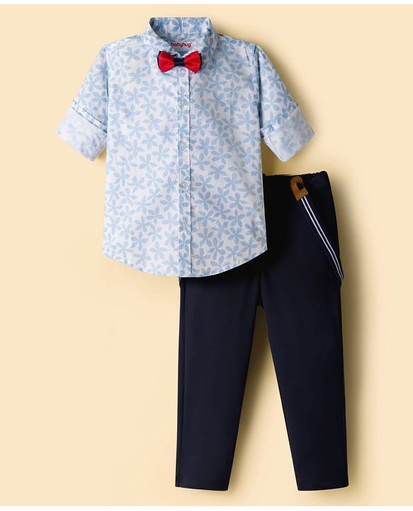 Babyhug Cotton Woven Full Sleeves Floral Printed Party Shirt & Trouser Set With Bow & Suspender - Navy Blue & White