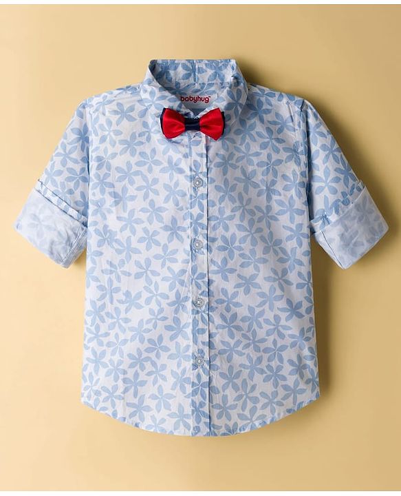 Babyhug Cotton Woven Full Sleeves Floral Printed Party Shirt & Trouser Set With Bow & Suspender - Navy Blue & White