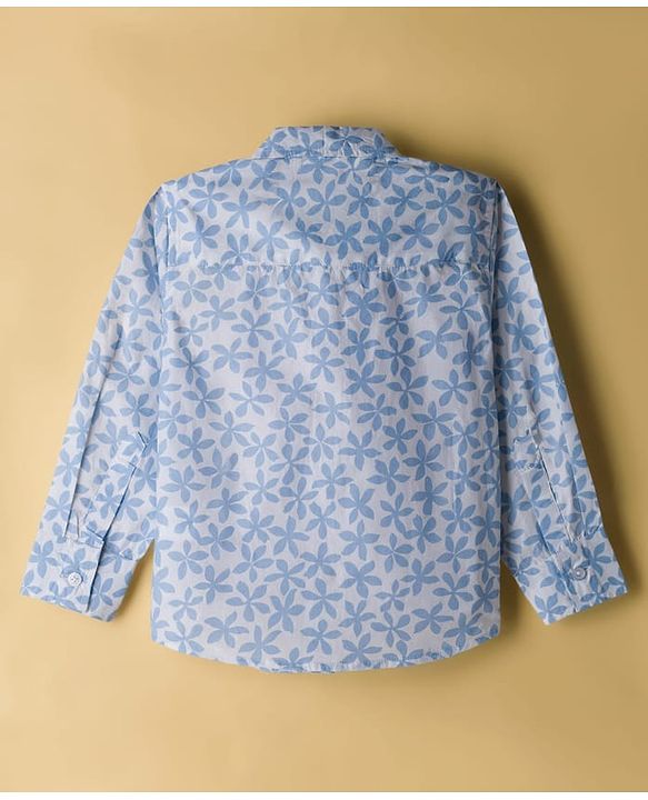 Babyhug Cotton Woven Full Sleeves Floral Printed Party Shirt & Trouser Set With Bow & Suspender - Navy Blue & White