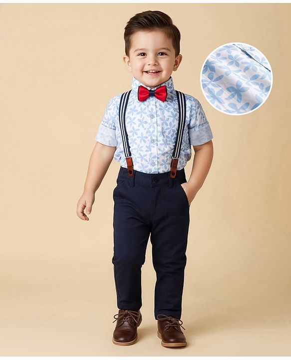 Babyhug Cotton Woven Full Sleeves Floral Printed Party Shirt & Trouser Set With Bow & Suspender - Navy Blue & White