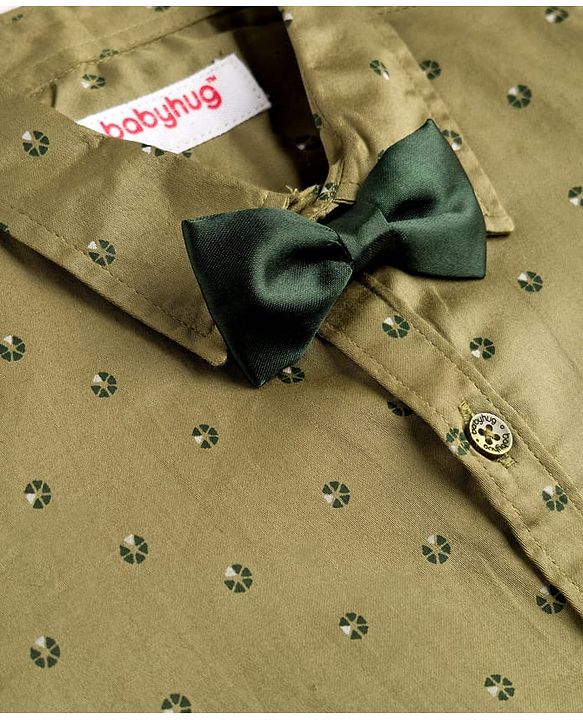 Babyhug Cotton Poplin Woven Full Sleeves Printed Shirt & Stretchable Trouser Set with Suspenders & Bow - Olive Green & Khaki