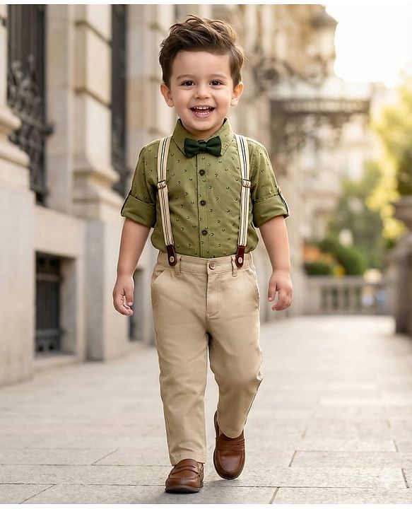 Babyhug Cotton Poplin Woven Full Sleeves Printed Shirt & Stretchable Trouser Set with Suspenders & Bow - Olive Green & Khaki