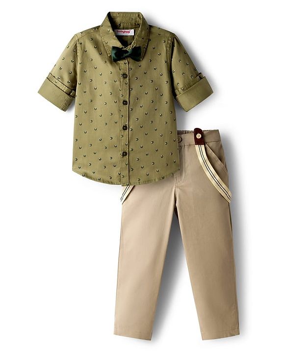 Babyhug Cotton Poplin Woven Full Sleeves Printed Shirt & Stretchable Trouser Set with Suspenders & Bow - Olive Green & Khaki