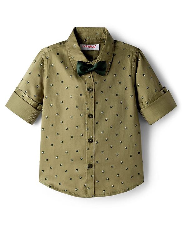 Babyhug Cotton Poplin Woven Full Sleeves Printed Shirt & Stretchable Trouser Set with Suspenders & Bow - Olive Green & Khaki