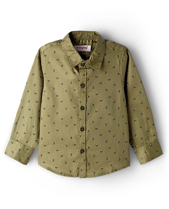 Babyhug Cotton Poplin Woven Full Sleeves Printed Shirt & Stretchable Trouser Set with Suspenders & Bow - Olive Green & Khaki