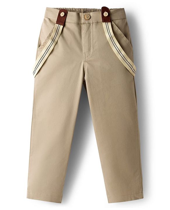 Babyhug Cotton Poplin Woven Full Sleeves Printed Shirt & Stretchable Trouser Set with Suspenders & Bow - Olive Green & Khaki