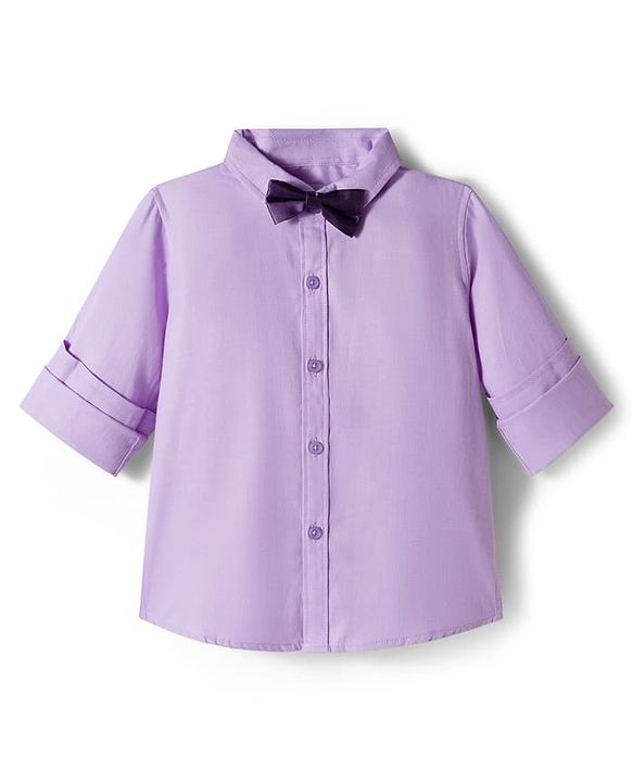 Babyhug Cotton Woven Full Sleeves Poplin Solid Party Shirt & Stretchable Trouser With Bow & Suspender - Purple & Cream