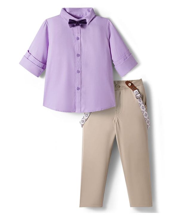Babyhug Cotton Woven Full Sleeves Poplin Solid Party Shirt & Stretchable Trouser With Bow & Suspender - Purple & Cream