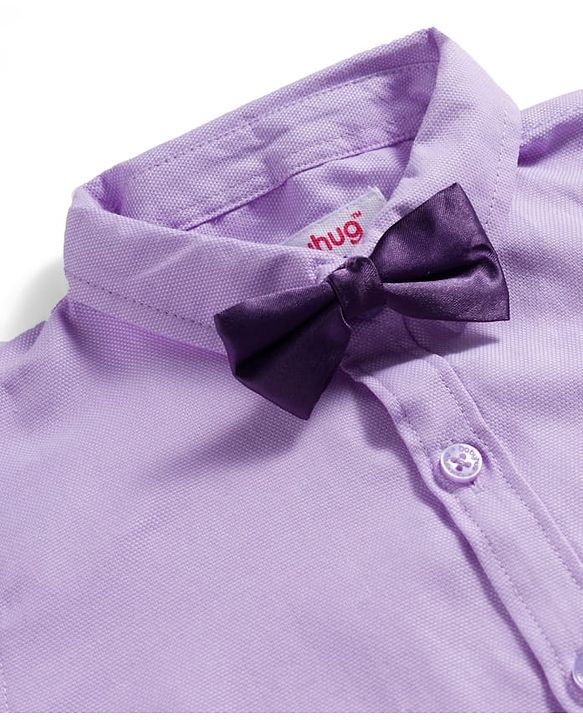Babyhug Cotton Woven Full Sleeves Poplin Solid Party Shirt & Stretchable Trouser With Bow & Suspender - Purple & Cream