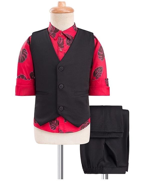 Babyhug Cotton Woven Full Sleeves 3 Piece Party Suit With Leaf Print - Black & Red