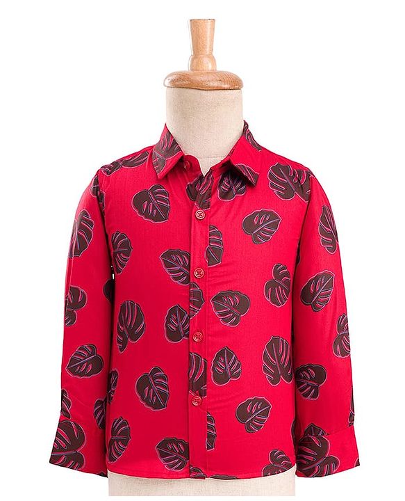 Babyhug Cotton Woven Full Sleeves 3 Piece Party Suit With Leaf Print - Black & Red
