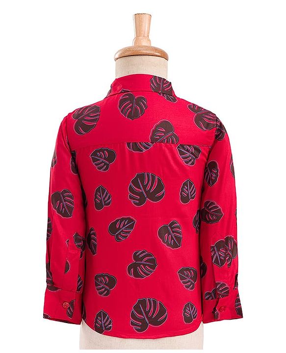 Babyhug Cotton Woven Full Sleeves 3 Piece Party Suit With Leaf Print - Black & Red