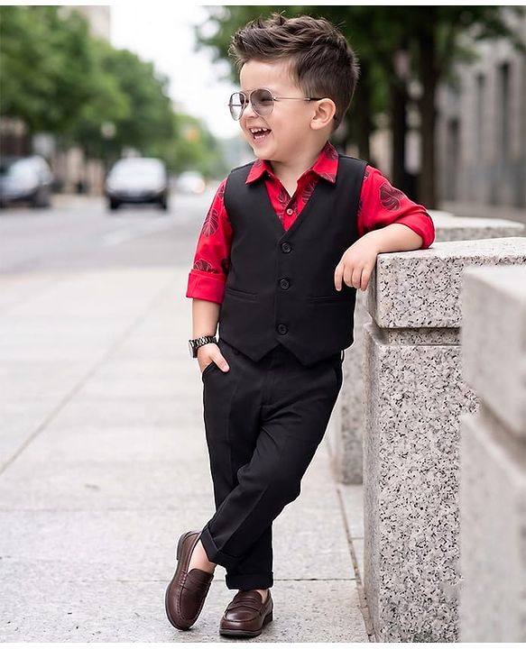 Babyhug Cotton Woven Full Sleeves 3 Piece Party Suit With Leaf Print - Black & Red