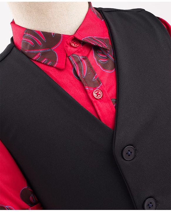 Babyhug Cotton Woven Full Sleeves 3 Piece Party Suit With Leaf Print - Black & Red