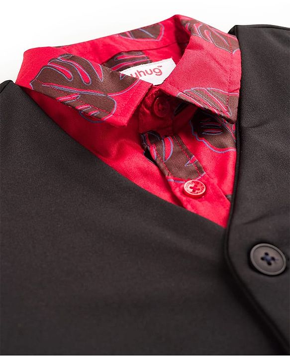 Babyhug Cotton Woven Full Sleeves 3 Piece Party Suit With Leaf Print - Black & Red