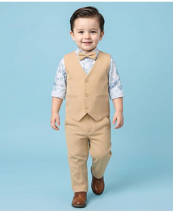 Babyhug Cotton Woven Full Sleeves 3 Piece Party Suit With Floral Print & Bow - Beige