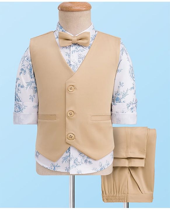 Babyhug Cotton Woven Full Sleeves 3 Piece Party Suit With Floral Print & Bow - Beige