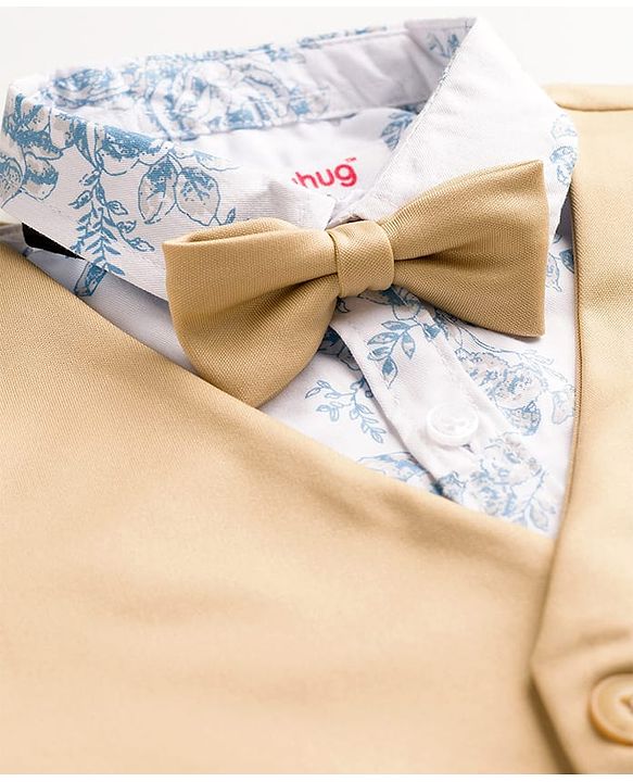 Babyhug Cotton Woven Full Sleeves 3 Piece Party Suit With Floral Print & Bow - Beige
