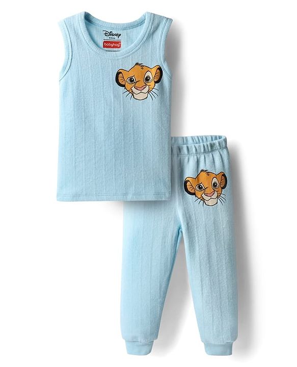 Babyhug Disney Sleeveless Thermal Vest & Pant with Lion King Graphic - Light Blue