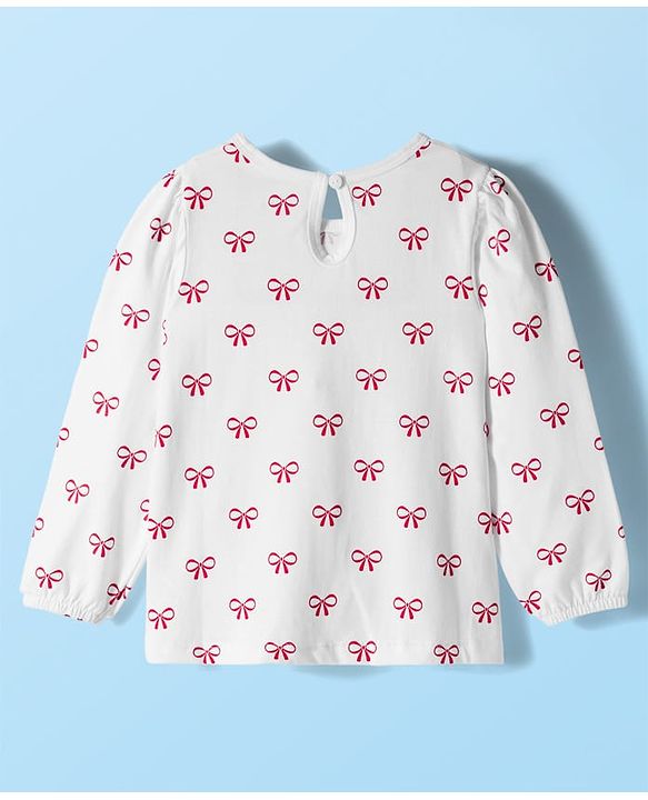 Babyhug 100% Cotton Knit Full Sleeves T-Shirts With Bow Print - White