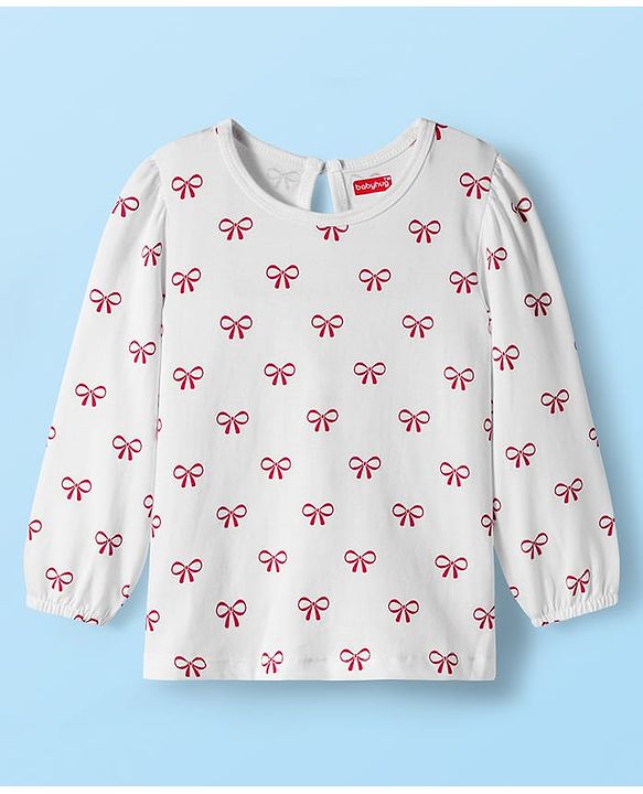 Babyhug 100% Cotton Knit Full Sleeves T-Shirts With Bow Print - White