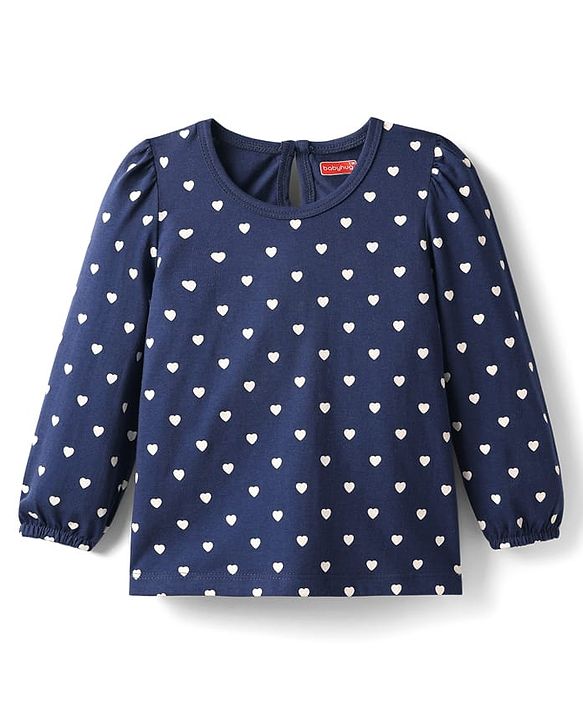 Babyhug 100% Cotton Knit Full Sleeves T-Shirt with Heart Print - Navy Blue