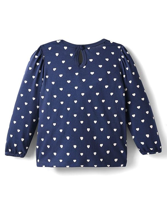 Babyhug 100% Cotton Knit Full Sleeves T-Shirt with Heart Print - Navy Blue