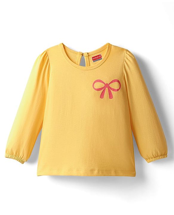 Babyhug 100% Cotton Knit Full Sleeves T-Shirt with Bow Print - Yellow