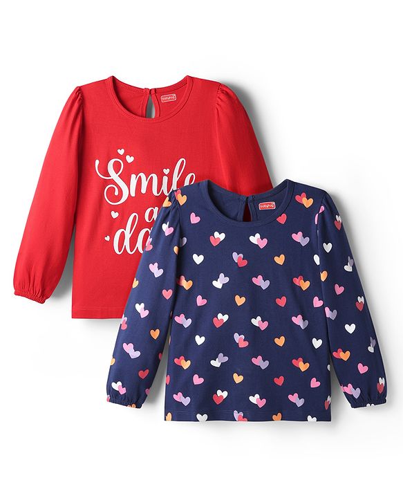 Babyhug 100% Cotton Knit Full Sleeves T-Shirts with Text & Heart Graphics Pack of 2 - Navy Blue & Red