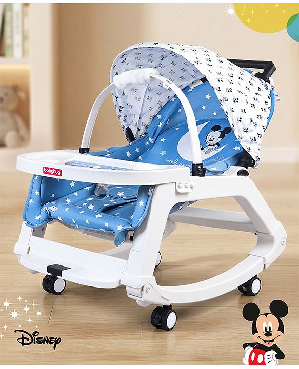 Babyhug Disney Mickey Mouse Rocking chair- Light Blue| Multi-Functional Rocker, Dining Chair, Walker, Cart & Seat| Reclining Seat| Infants & Toddlers of 0 to 3 Yrs| Wheels with Lock| Safety Harness