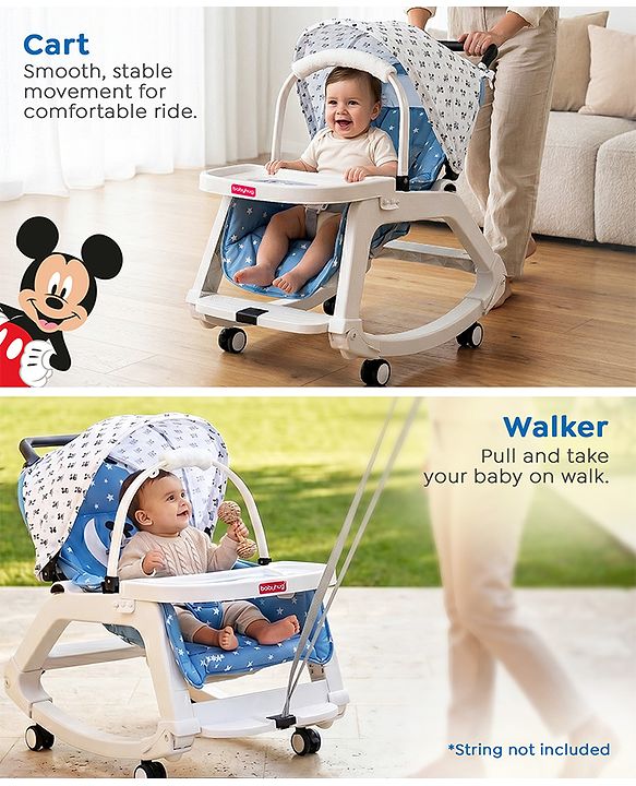Babyhug Disney Mickey Mouse Rocking chair- Light Blue| Multi-Functional Rocker, Dining Chair, Walker, Cart & Seat| Reclining Seat| Infants & Toddlers of 0 to 3 Yrs| Wheels with Lock| Safety Harness