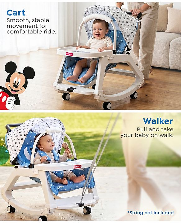Babyhug Disney Mickey Mouse Rocking chair- Light Blue| Multi-Functional Rocker, Dining Chair, Walker, Cart & Seat| Reclining Seat| Infants & Toddlers of 0 to 3 Yrs| Wheels with Lock| Safety Harness