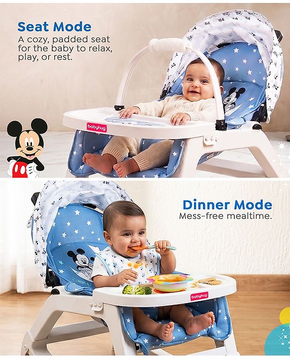 Babyhug Disney Mickey Mouse Rocking chair- Light Blue| Multi-Functional Rocker, Dining Chair, Walker, Cart & Seat| Reclining Seat| Infants & Toddlers of 0 to 3 Yrs| Wheels with Lock| Safety Harness
